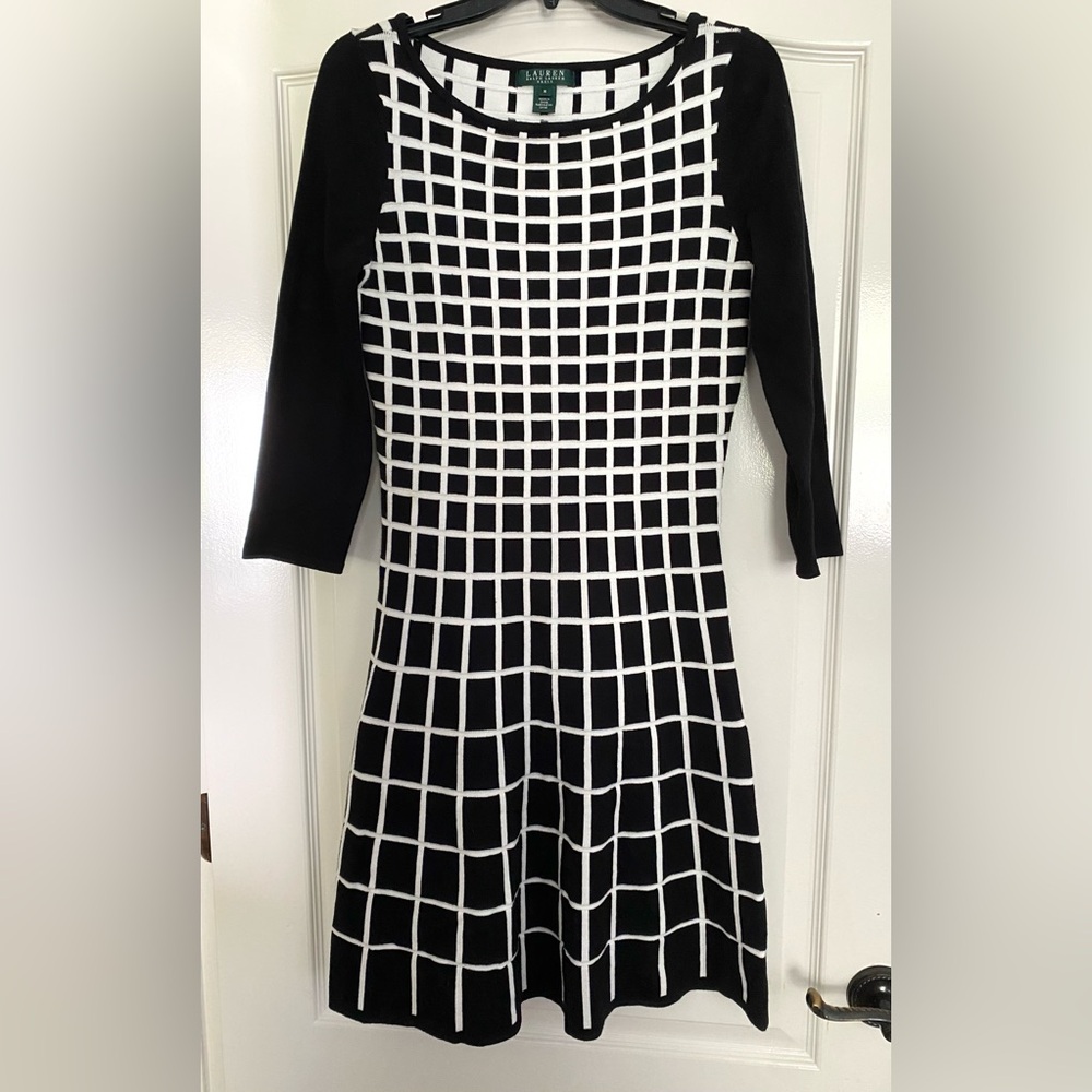 Ralph Lauren LAUREN sweater dress women’s M Black and White Gradient Checker NEW